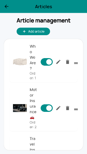 Article management with publish toggle, ordering and edit/delete