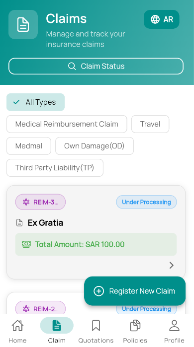 Claims dashboard with status filters and register new claim