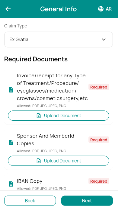 Required documents upload for the claim