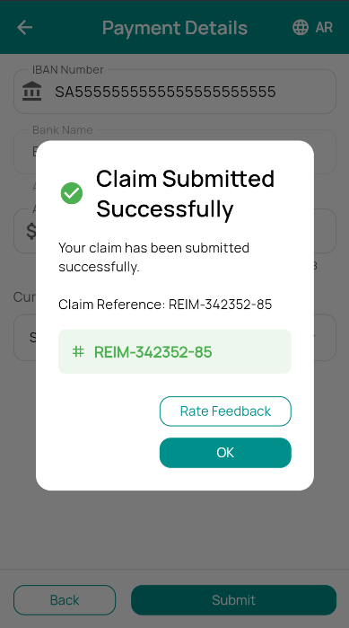 Claim submitted successfully with reference number