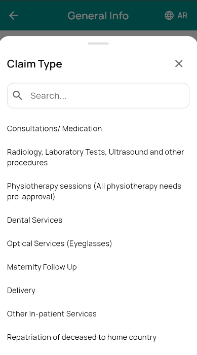 Claim type picker with searchable list