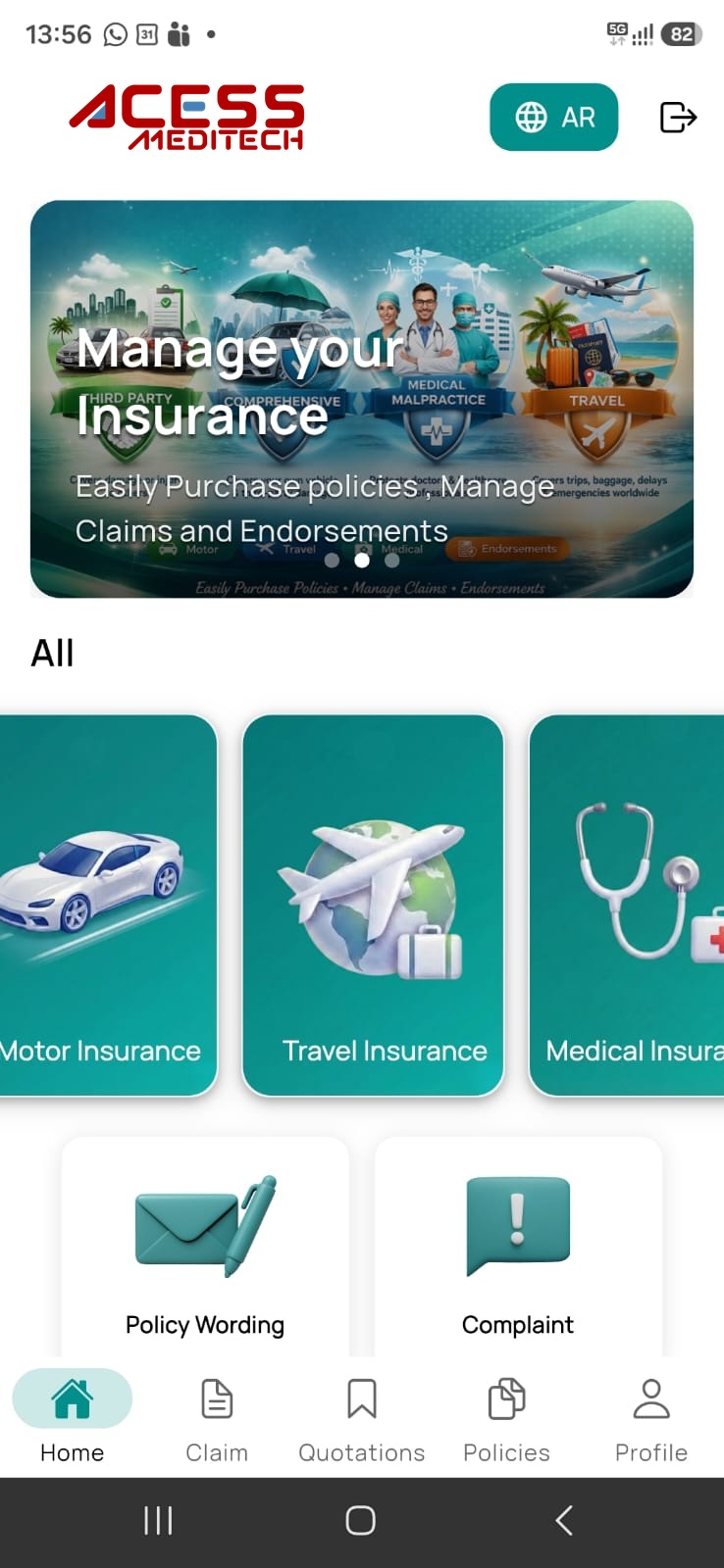 Mobile app landing page showing Motor, Travel and Medical Insurance categories