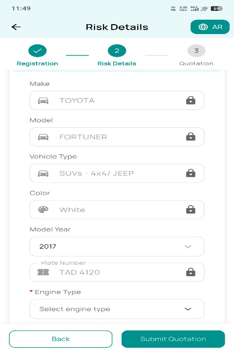 Vehicle details screen